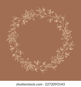 Wreath frame with cocoa branch. Floral background. A bunch of cocoa beans, Harvest cocoa fruits, symbol. The branches are drawn by hand. Ornament for label, logo, emblem, postcard. Design element