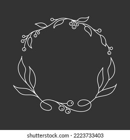 Wreath frame in doodle style for decoration journal, planner and diary. Silhouette plant for design for christmas and new year.Vector illustraion, isolated white element on chalk board background