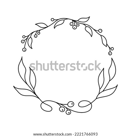 Wreath frame in doodle style for decoration journal, planner and diary. Silhouette plant for design for christmas and new year.Vector illustraion, isolated black element on whie background