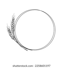 Wreath frame from ears of wheat.A bunch of ears of wheat,dried whole grains.Cereal harvest,agriculture,organic farming,healthy food symbol.Ears of wheat hand drawn.Design element. Isolated background