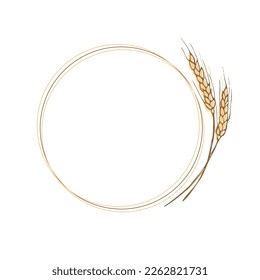 Kranzrahmen aus Weizenähren.Ein Haufen Weizenähren, getrocknete ganze Körner.Getreideernte, Landwirtschaft, ökologischer Landbau, Symbol für gesunde Lebensmittel.handgezeichnete Weizenähren.Design-Element. Einziger Hintergrund