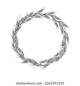  Wreath frame from ears of wheat.A bunch of ears of wheat,dried whole grains.Cereal harvest,agriculture,organic farming,healthy food symbol.Ears of wheat hand drawn.Design element. Isolated background