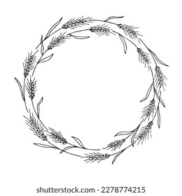 Wreath frame from ears of wheat.A bunch of ears of wheat,dried whole grains.Cereal harvest,agriculture,organic farming,healthy food symbol.Ears of wheat hand drawn.Design element. Isolated background