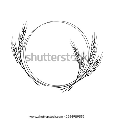  Wreath frame from ears of wheat.A bunch of ears of wheat,dried whole grains.Cereal harvest,agriculture,organic farming,healthy food symbol.Ears of wheat hand drawn.Design element. Isolated background