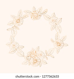 Wreath, frame with gold flowers (zinnia, camomile, sunflower, daisy). Elegant floral background for Save the date, Women`s day, Valentine`s day, Mother`s day card. Vector illustration.