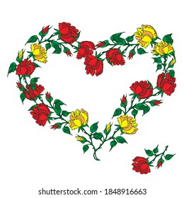 Wreath frame heart bouquet flowers with red. yellow roses and leaves, isolated on white backgrouind Floral greeting card and invitation of the wedding, birthday, Valentine's Day other holidays vector