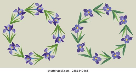 Wreath Frame Iris Flowers Isolated  Background. Vector Illustration
