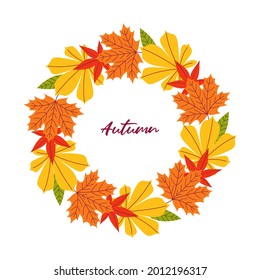 Ein Kranz oder Rahmen aus Herbstblättern. Die Inschrift Herbst. Design der Einladungen, Poster, Banner, Postkarten. Flache Vektorgrafik