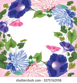 wreath frame made of flowers, leaves and curly stems -astra, vine, ivy, green, pink, blue on white and pink background in vector, isolated
