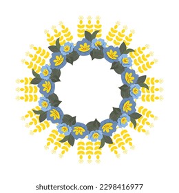 Wreath frame made of spike and flowers in yellow and blue. Vector illustration of an isolation. Ukrainian national colors.