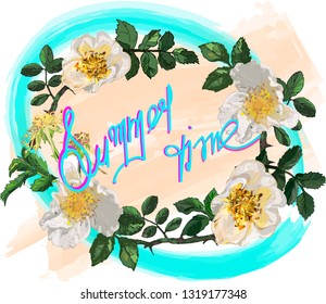 
The wreath is a frame made of white wild rose branches, the inscription is blue with a pink shadow, the background is orange, the oval frame is blue. Invitation, attention sign, card for a bouquet of