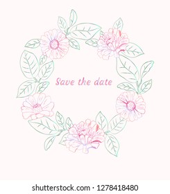 Wreath, frame with pink flowers (zinnia, camomile, sunflower, daisy). Elegant floral background for Save the date, Women`s day, Valentine`s day, Mother`s day card. Vector illustration.