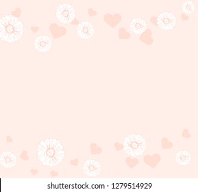 Wreath, frame with pink flowers (zinnia, camomile, sunflower, daisy), hearts. Elegant floral background for Save the date, Women`s day, Valentine`s day, Mother`s day card. Vector illustration.