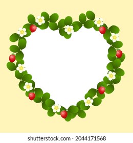 Wreath frame of red strawberries and green leaves and white flowers