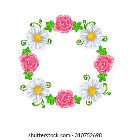 Wreath frame with roses, daisies and green leaves on a white background. Vector illustration.