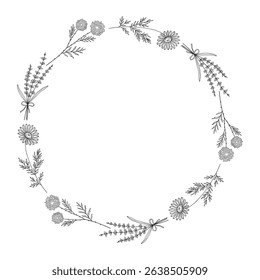 Wreath, frame of various flowers. Garland of floral twigs, black outline, isolated on white. Botanical sketch for wedding decoration, and design projects. Vector illustration