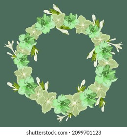 Wreath, frame of violets and hosta flowers on a dark green background