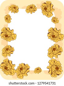 Wreath, frame with yellow flowers (zinnia, camomile, sunflower, daisy). Elegant floral background for Save the date, Women`s day, Valentine`s day, Mother`s day card. Vector illustration.