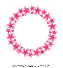 Wreath of Frangipani or plumeria flowers isolated on transparent background. Asian pink flowers border in a round frame form. Vector illustration.