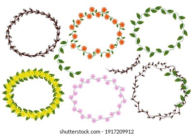 Wreath Fresh Flowers and leaf. Lavender, chamomile, jasmine, Spring flower. Collection Wreaths from flowers for your design. Vector illustration.
