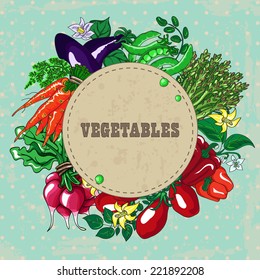 Wreath of fresh kitchen garden vegetables with vintage banner. Hand drawn vector illustration.