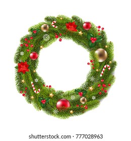 Wreath Fur Tree With Gradient Mesh, Vector Illustration