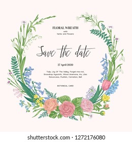 Wreath with garden flowers. Spring romantic wedding invitation. Pastel colors.
