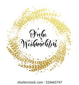 Wreath garland of gold leaf pattern. Golden sparkling decoration wreath garland leaf ornament of circle of and text calligraphy lettering. Festive vector background. Merry Christmas gold greeting card