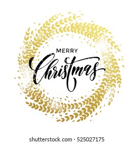 Wreath garland of gold leaf pattern. Golden sparkling decoration wreath garland leaf ornament of circle of and text calligraphy lettering. Festive vector background. Merry Christmas gold greeting card