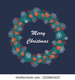 Wreath garland with the inscription Merry Christmas. Green pine, fir branches, berries, beautiful silhouettes of snowflakes, cones. Greeting banner, postcard, poster, new year 2023. winter botanical
