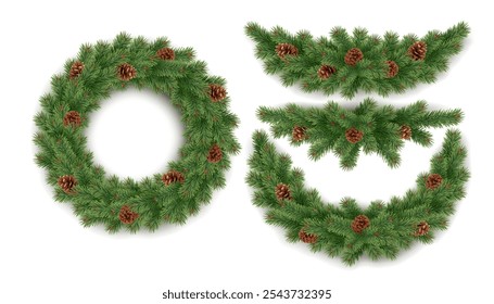 Wreath and garlands of fir branches realistic vector icons set. Christmas craft ornaments of natural materials 3d objects illustrations on white