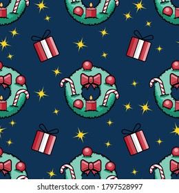 Wreath and gift box pattern backgrounds. Can be used for your design projects, shirt pattern, DIY. Christmas concept. Vector Illustration.