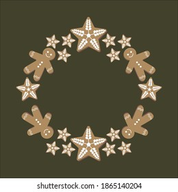 A wreath of gingerbread men and stars with a snowflake on a green background. 