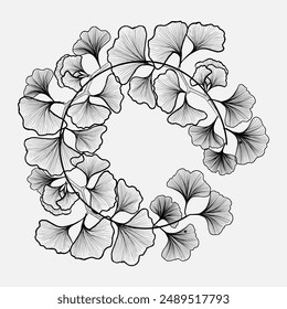 Wreath with gingko branch, line art. For invitation, card, wedding card