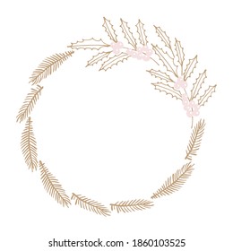 Wreath with Gold Christmas tree branches and Holly Berry. Evergreen branches frame with place for date, inscription, text. Illustration For your greeting cards, banners, invitation, announcements. 