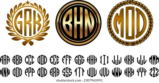 Wreath Gold Circle Monograms Font Family with 3 Letters