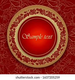 
Wreath with gold flowers on red backgrounf. Round  frame. Floral motif border. Idea for event invites, greeting card, cover, postcard, poster, banner. Editable template for design. Vector
