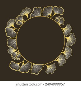 Wreath with golden gingko branch, line art. For invitation, card, wedding card