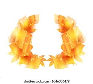 Wreath of golden leaves with sparkle. Vector frame for banner, card, invitational, letter of thanks and your design.