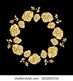 Wreath with golden roses flowers hand drawn isolated on black background. Round frame for invitation ,wedding, birthday card, vector illustration.

