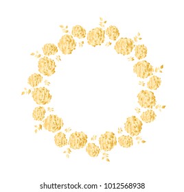 Wreath with golden roses flowers hand drawn isolated on white. Round frame for invitation ,wedding, birthday card, vector illustration.
