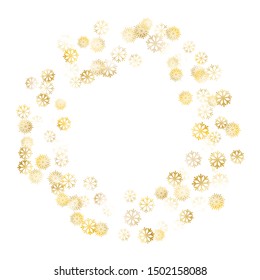 Wreath of Golden Snowflakes. Golden Christmas Background. Colorful Decoration for Holiday Card Wallpaper Cover. Realistic Glitter. Isolated Christmas Background. Vector.