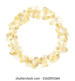 Wreath of Golden Snowflakes. Golden Christmas Pattern. Festive Decoration for Holiday Wallpaper Print Card. Realistic Glitter. Isolated Christmas Pattern. Vector.