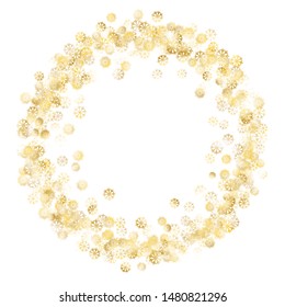Wreath of Golden Snowflakes. Golden Party Background. Festive Decoration for Holiday Wallpaper Poster Print. Realistic Glitter. Isolated Party Background. Vector.