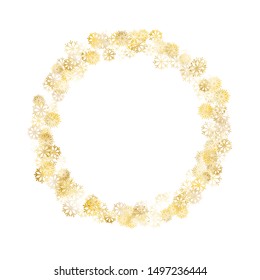 Wreath of Golden Snowflakes. Golden Party Background. Bright Decoration for Holiday Print Wallpaper Banner. Realistic Glitter. Isolated Party Background. Vector.