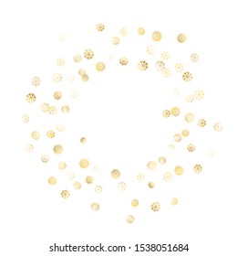Wreath of Golden Snowflakes. Golden Party Background. Trendy Decoration for Holiday Wallpaper Poster Print. Realistic Glitter. Isolated Party Background. Vector.