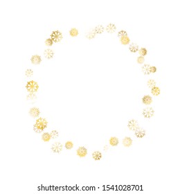 Wreath of Golden Snowflakes. Golden Party Background. Colorful Decoration for Holiday Poster Banner Cover. Realistic Glitter. Isolated Party Background. Vector.