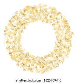 Wreath of Golden Snowflakes. Golden Party Background. Colorful Decoration for Holiday Cover Poster Banner. Realistic Glitter. Isolated Party Background. Vector.