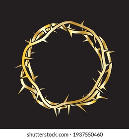 Wreath of golden thorns on black background. Crucifixion symbol. Torment of Christ. Easter illustration. Stock image. EPS 10.