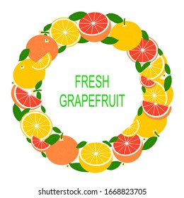 Wreath with grapefruit. Vector Illustration with fresh grapefruits in circle. Vector flat design suitable from template, banner, border, frame, card or icon. 